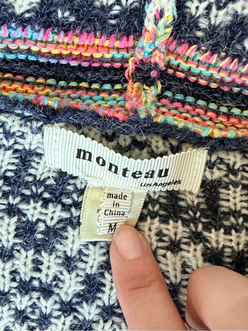 Women’s Hooded Knit Cardigan Sweater - Navy with Multicolor Fair Isle - Picture 3 of 5